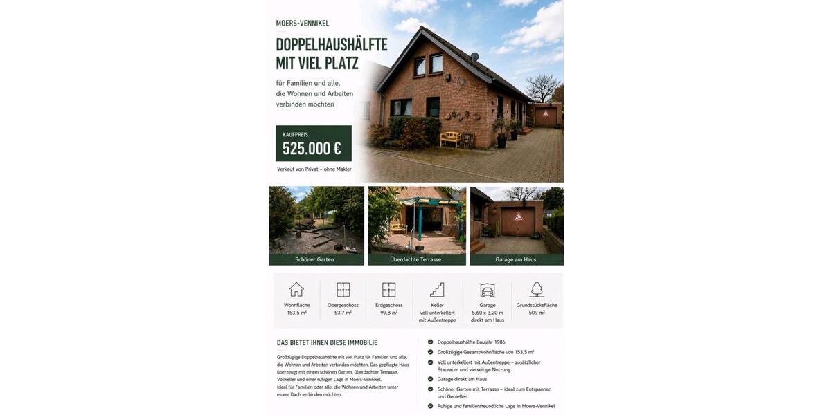 Doppelhaushälfte Moers Schwafheim - 5 Zimmer, 153 m&sup2;, 525.000&euro; | Angebot:27168525