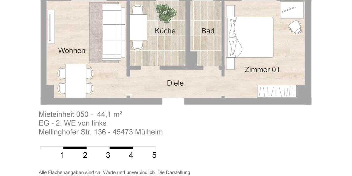 Erdgeschoßwohnung Mülheim an der Ruhr Mellinghofen - 2 Zimmer, 44 m&sup2;, 451&euro; | Angebot:25228917