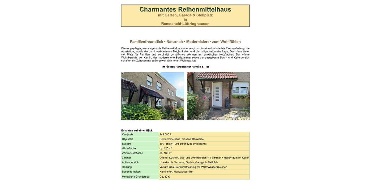 Reihenhaus Remscheid Lüttringhausen - 5 Zimmer, 120 m&sup2;, 349.000&euro; | Angebot:27519775
